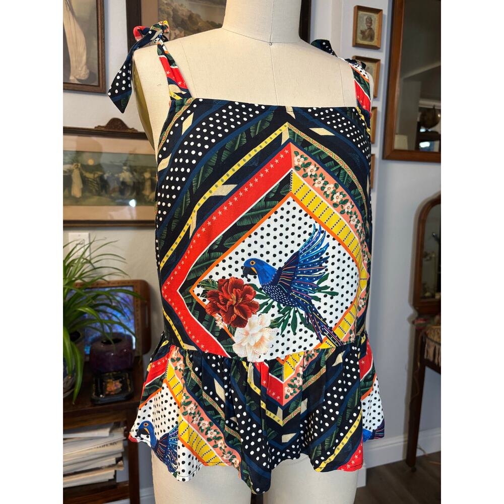 FARM Rio x Anthropologie Carmen peplum tank top blouse parrot print tie shoulder